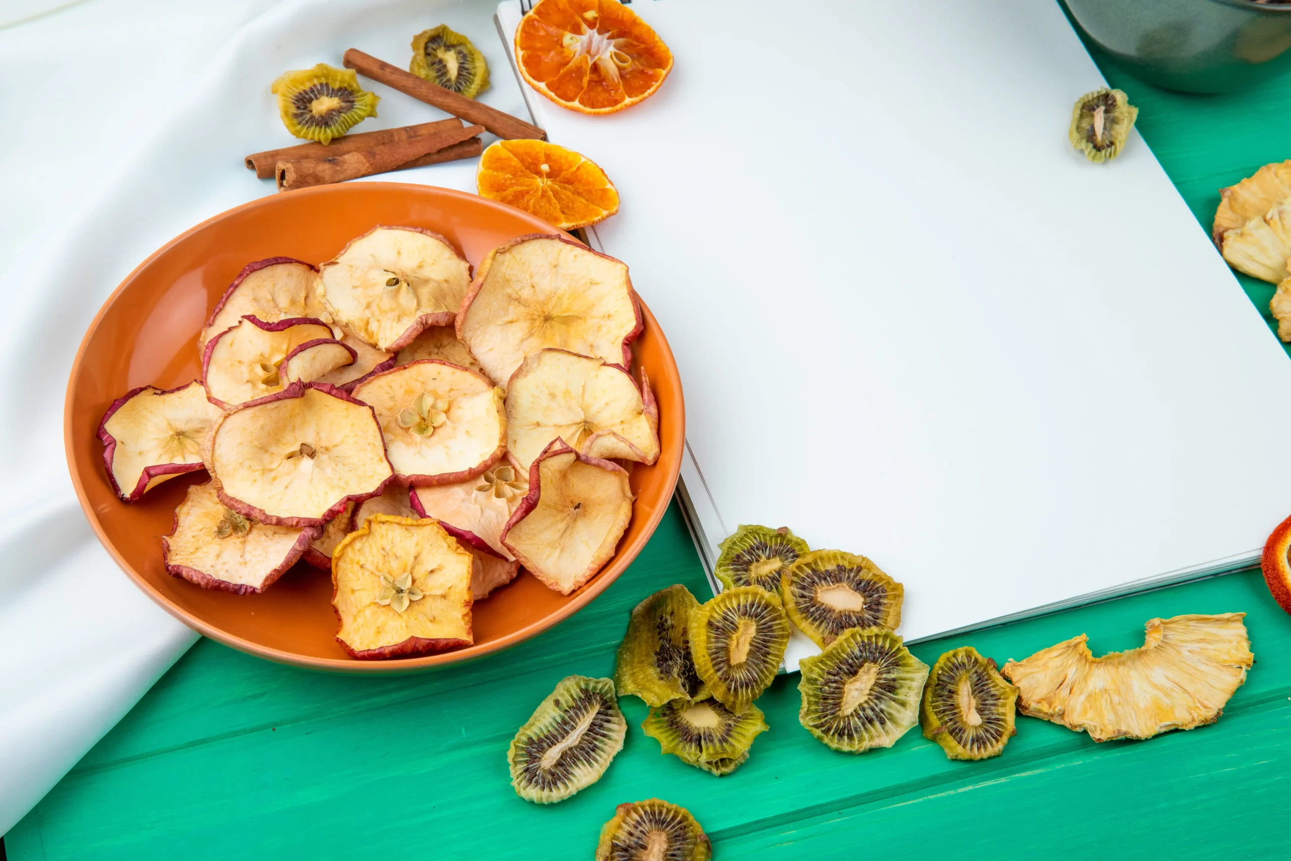 side-view-sketchbook-with-dried-apple-chips-plate-white-green-background